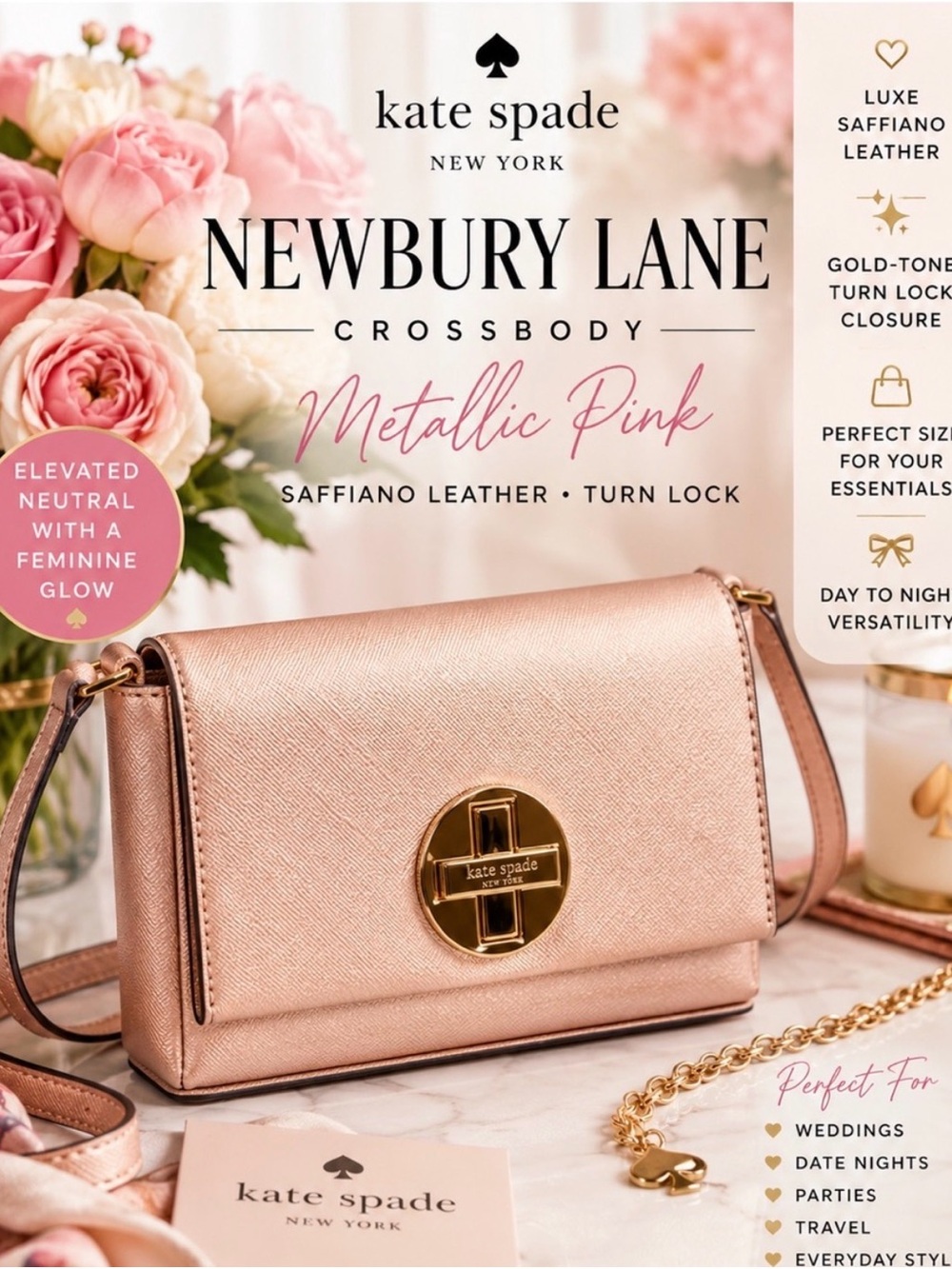 Kate Spade Newbury Lane Crossbody Metallic Pink Saffiano Leather Turn Lock